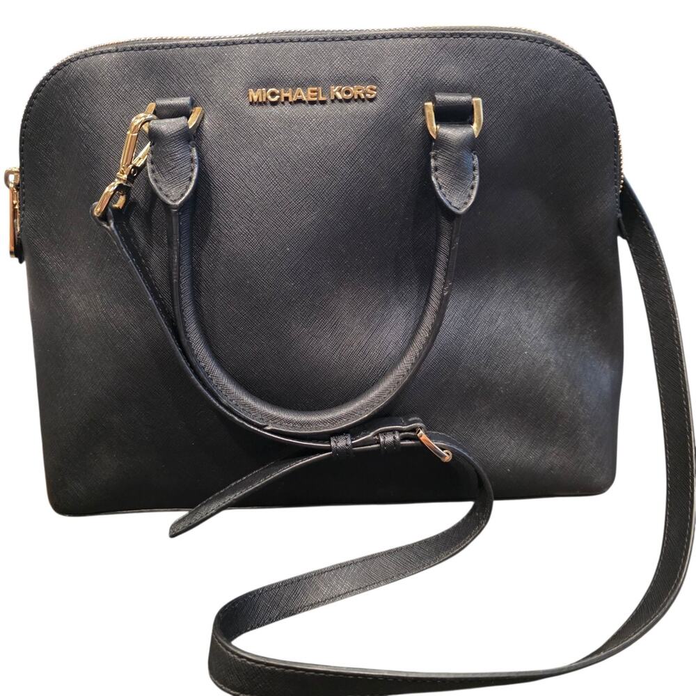 Michael Kors Black Saffiano Leather Satchel Crossbody Bag Medium Dome Purse